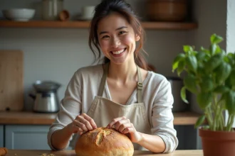 Femme souriante déchire un pain maison dans une cuisine chaleureuse
