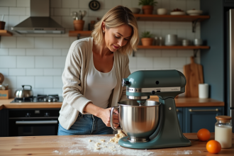 Femme en cardigan et jeans pétrissant la pâte avec un mixeur