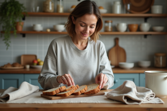 Femme d'âge moyen souriante comptant des tranches de pain complet