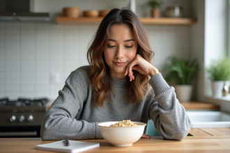 Femme en cuisine regardant un bol de flocons d'avoine