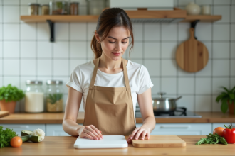 Femme compare planche en bambou et synthétique dans la cuisine