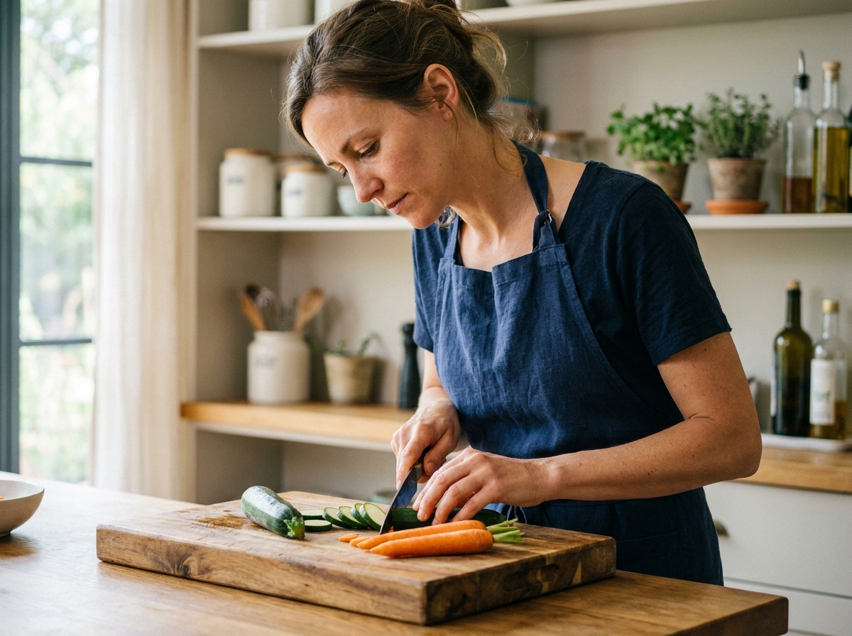 Femme utilisant une planche à découper en bois d'acacia pour couper des légumes dans une cuisine moderne