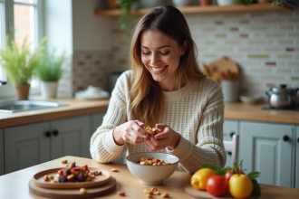 Femme versant des fruits secs dans un bol en céramique à la maison