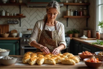 Femme en tablier préparant pastilla aux fruits de mer