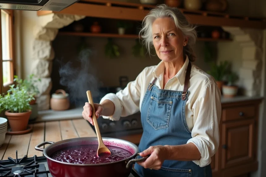 Femme préparant une confiture de prunes maison dans une cuisine rustique en remuant une casserole