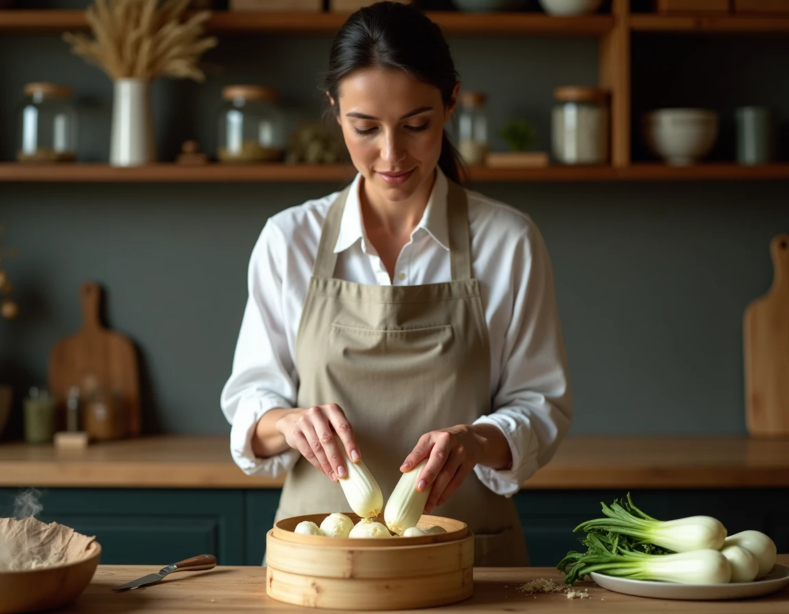 Femme en tablier de lin préparant des endives coupées dans un cuiseur vapeur en bambou dans une cuisine rustique
