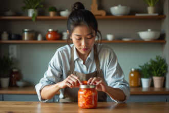 Femme préparant du kimchi dans une cuisine moderne