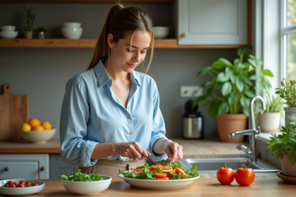 Femme en cuisine préparant une salade fraîche