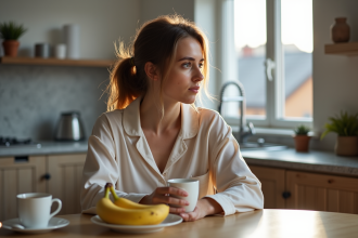 Jeune femme en pyjama regardant une banane au petit matin