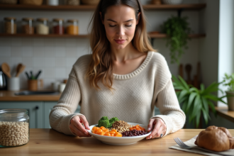 Femme préparant un repas équilibré aux légumes dans la cuisine