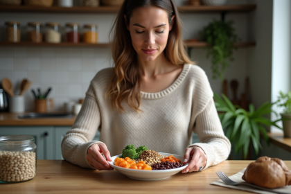 Femme préparant un repas équilibré aux légumes dans la cuisine
