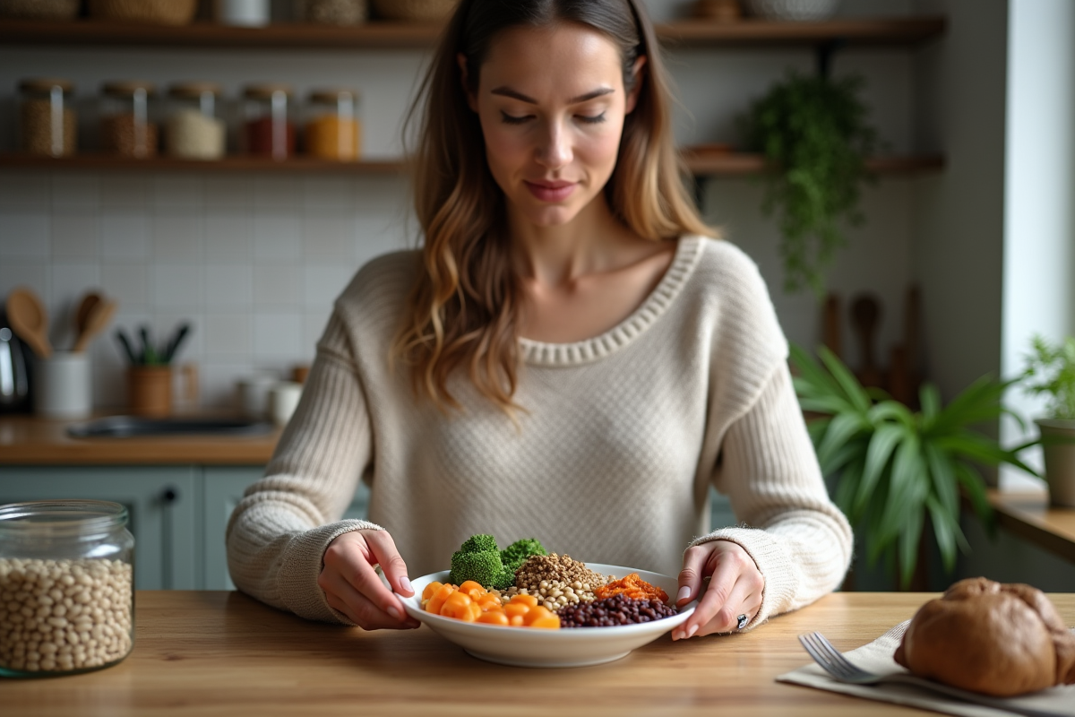 Femme préparant un repas équilibré aux légumes dans la cuisine