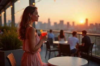 Femme élégante sur un rooftop avec cocktail et vue urbaine