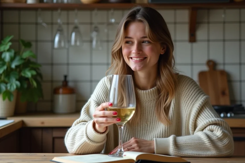 Jeune femme dégustant un vin blanc dans une cuisine chaleureuse