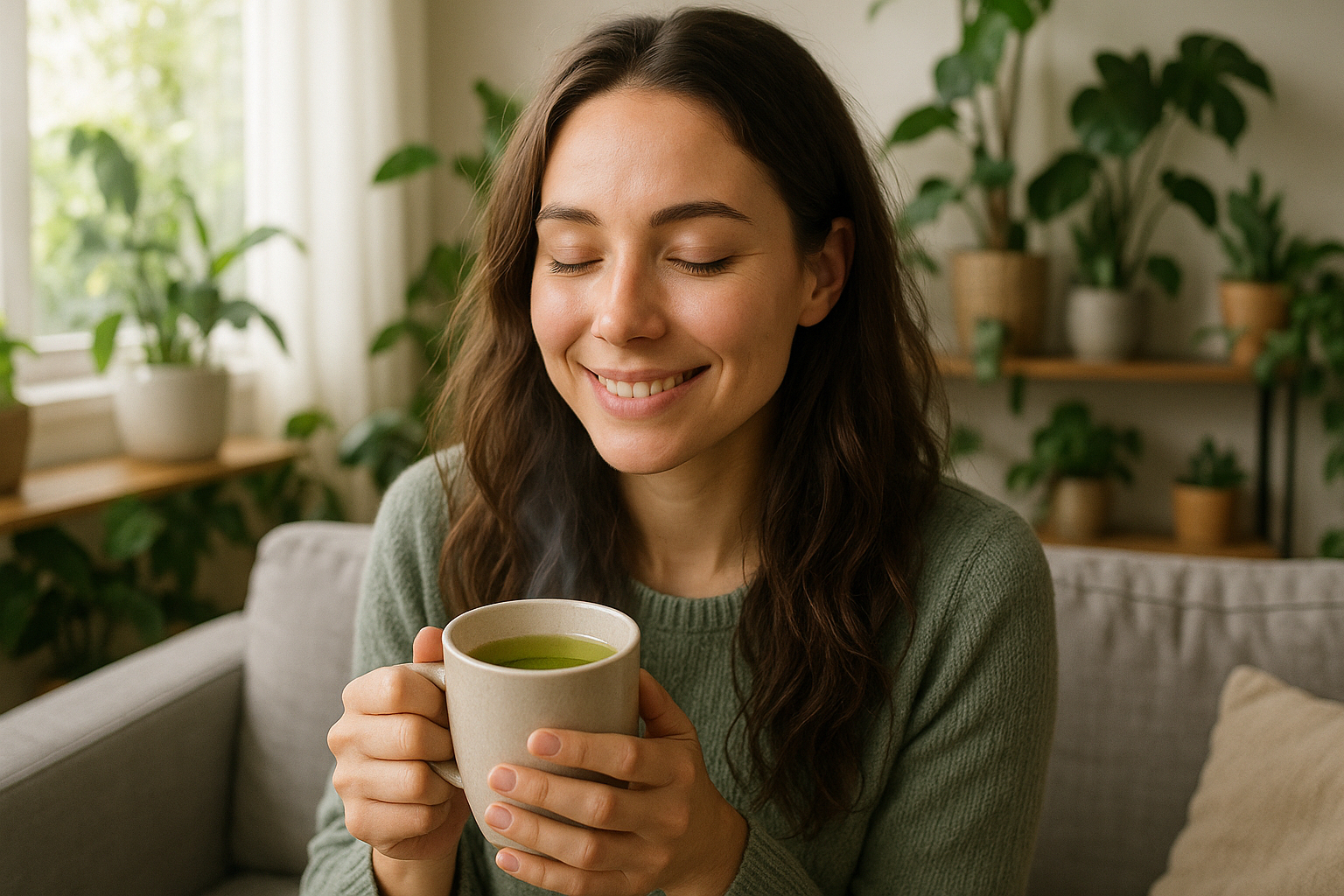 Jeune femme souriante tenant une tasse de the vert dans un salon lumineux