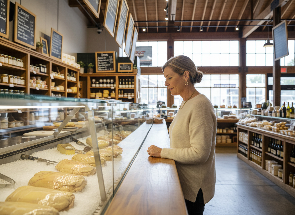 Femme choisissant du foie gras dans un marché gourmet
