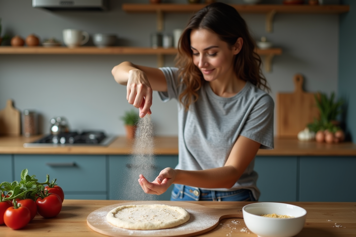 Jeune femme saupoudrant de la semoule sur une pelle à pizza