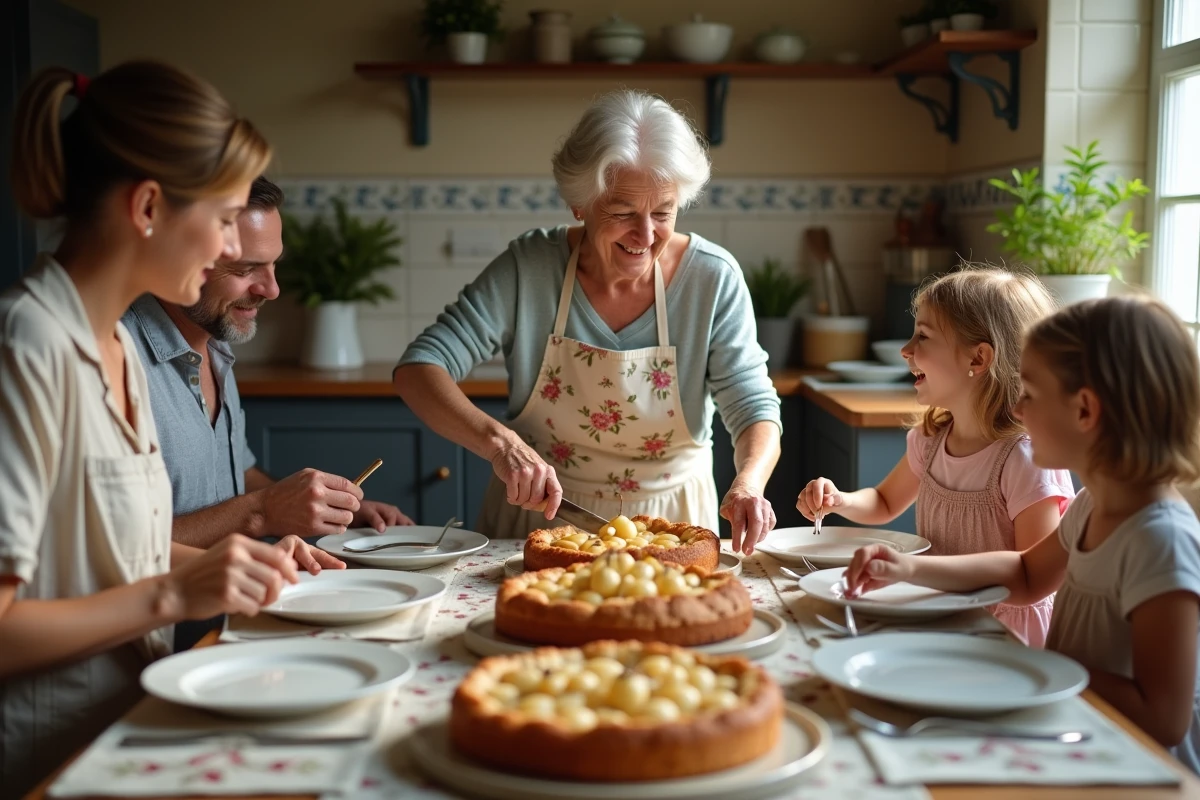 Femme senior souriante coupant un gâteau aux poires en famille
