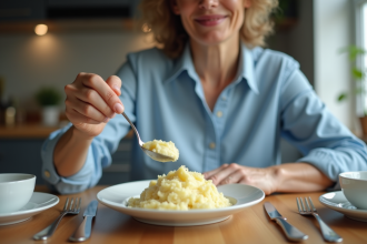 Femme servant une portion de purée dans une cuisine chaleureuse
