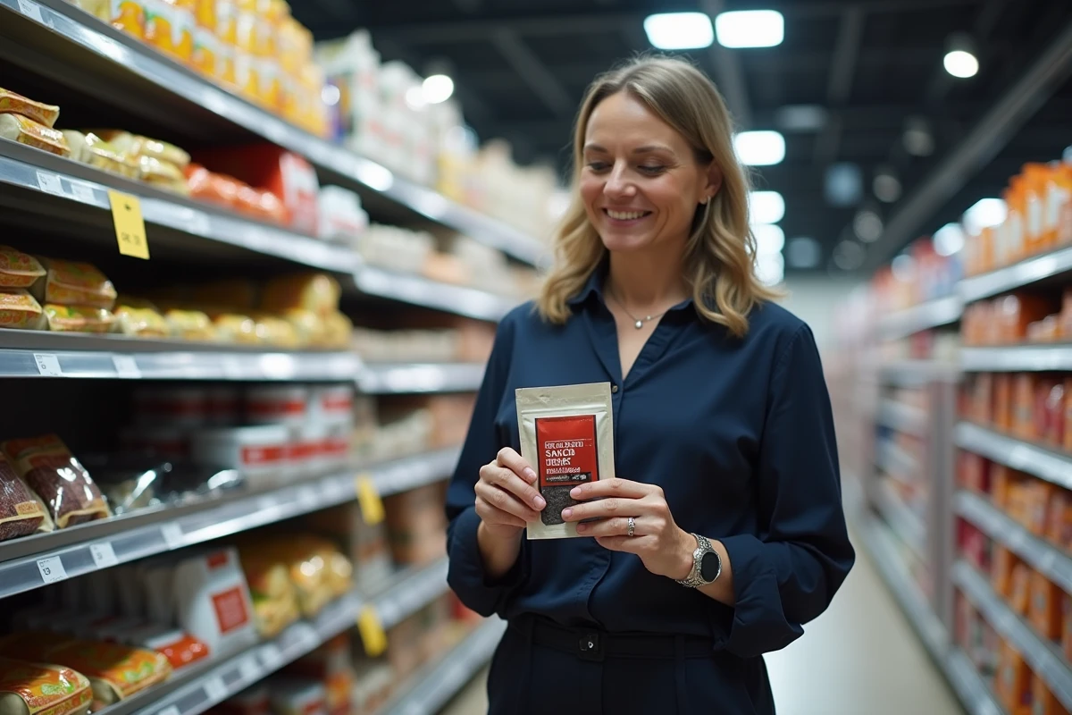 Femme examinant un paquet de jerky en supermarche