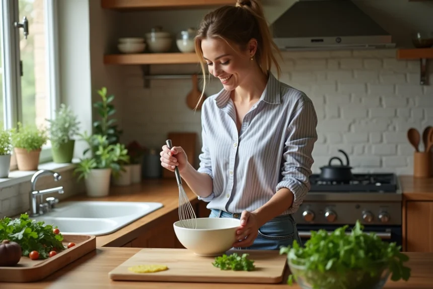 Femme mélangeant vinaigrette dans une cuisine chaleureuse