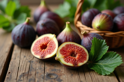 Figues fraîches sur une table en bois avec feuilles vertes