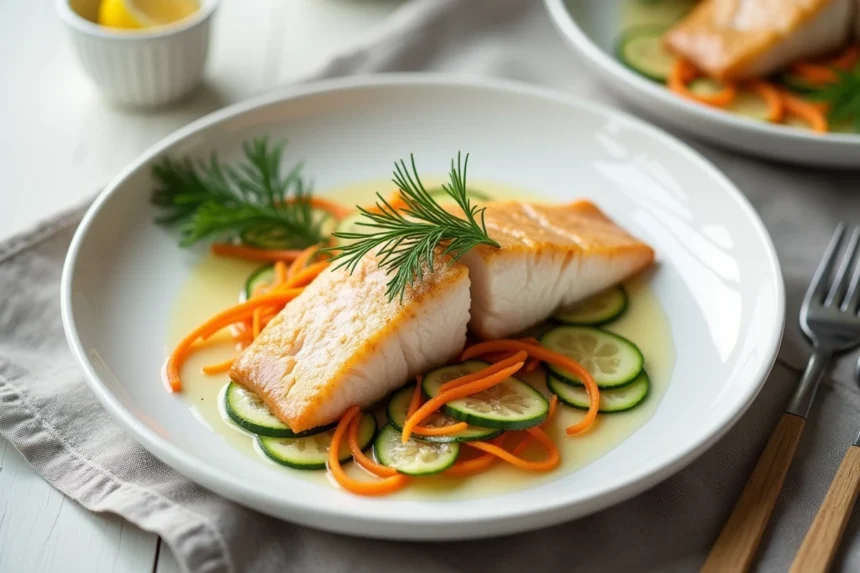 Filet de julienne vapeur dressé sur assiette blanche avec julienne de légumes et aneth frais, vue de dessus sur nappe en lin gris