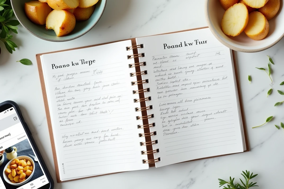 Flat-lay d'un livre de recettes airfryer Philips ouvert avec smartphone et ingrédients frais