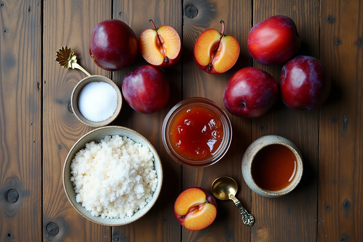 Mise en scène vue du dessus avec prunes fraîches, sucre, bocal de confiture et recette manuscrite