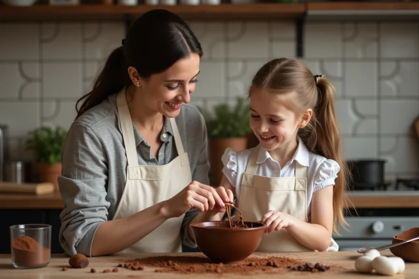 Mère et enfant préparant ensemble la pâte d'un fondant au chocolat dans une cuisine familiale chaleureuse