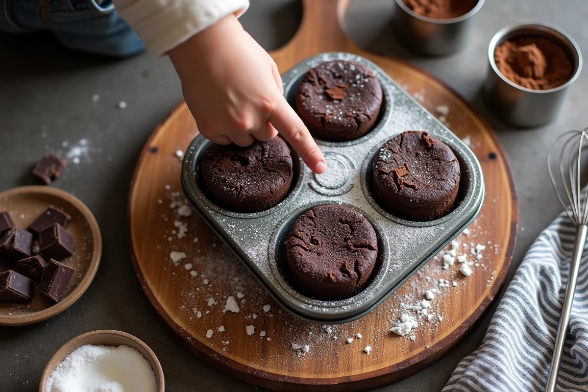 Vue de dessus de fondants au chocolat maison sur une planche en bois avec les ingrédients autour