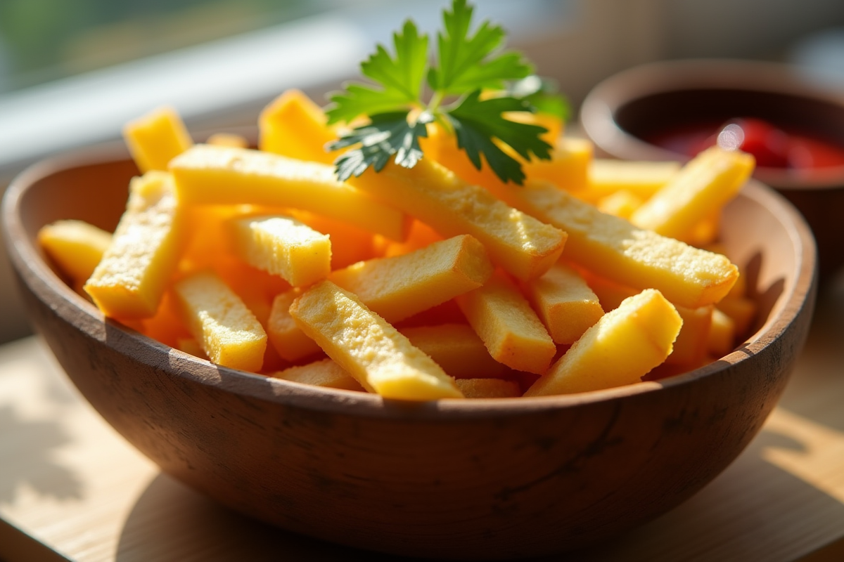 Frites dorées et croustillantes dans un bol en bois avec persil