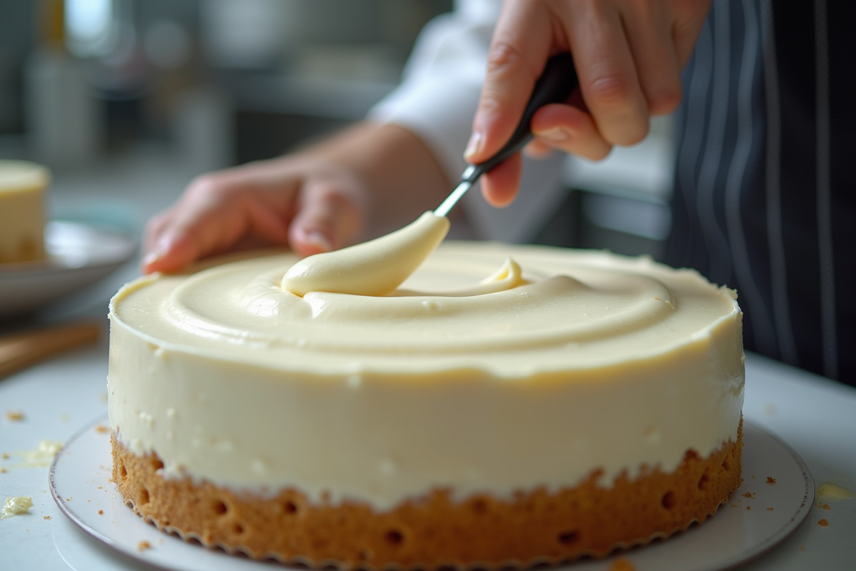 Chef décorant délicatement un gâteau crème en cuisine professionnelle
