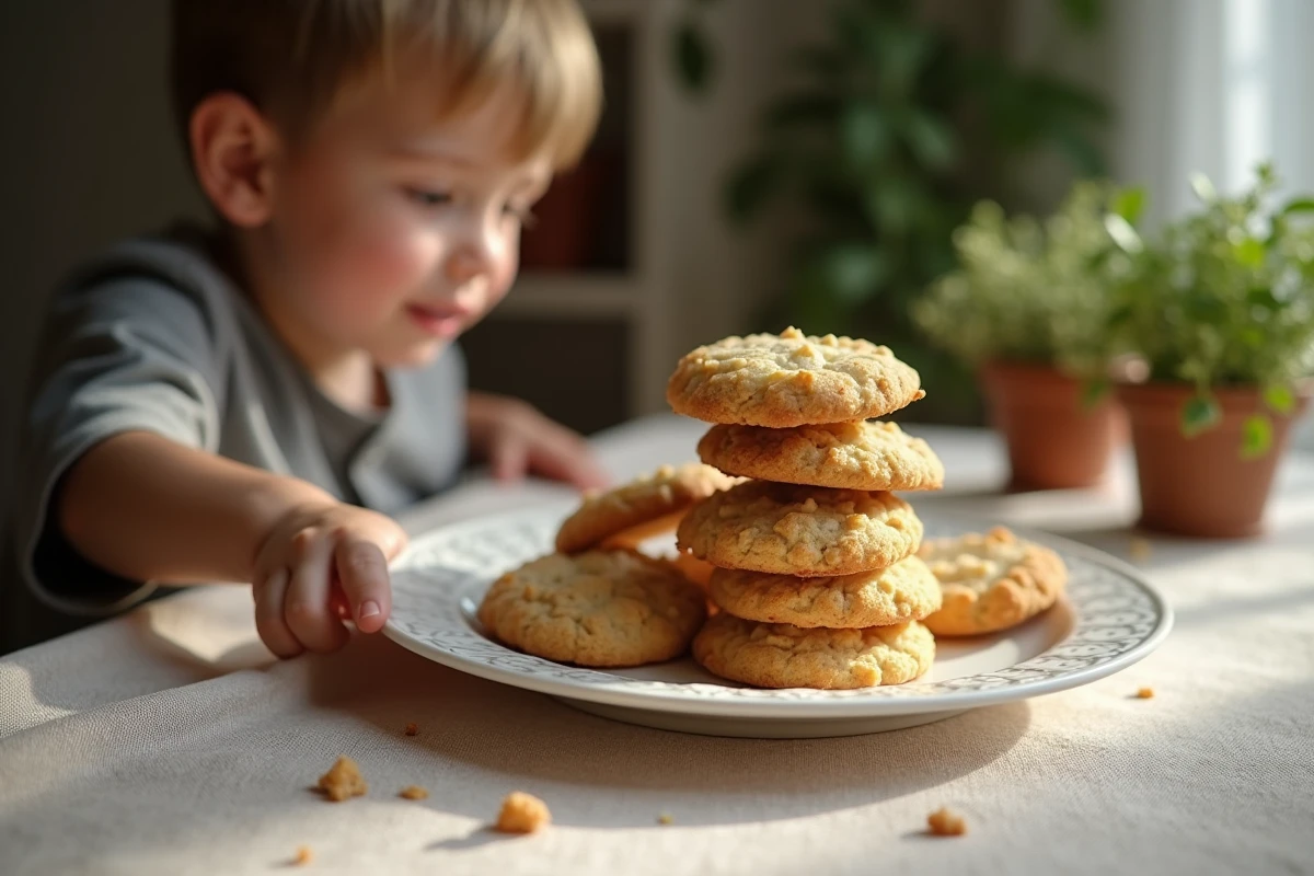 Jeune garçon attrapant un cookie sur une table en lin