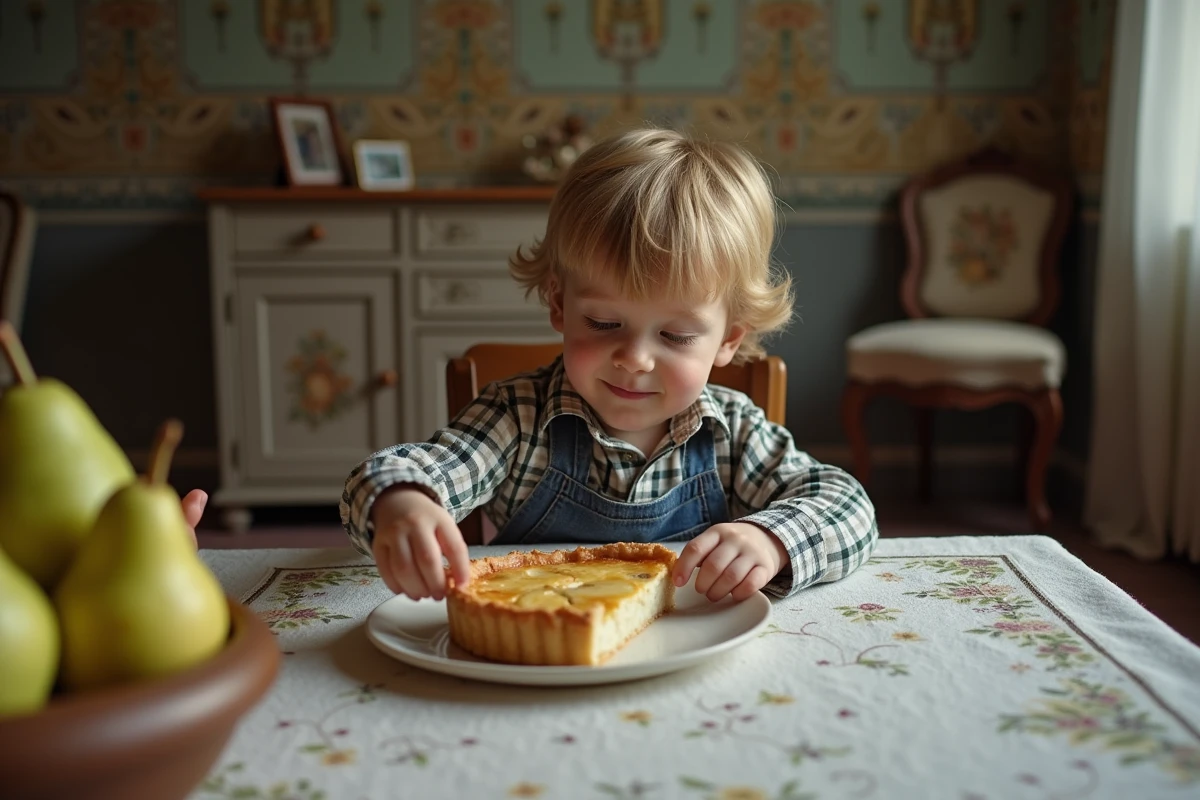 Jeune garçon atteignant une part de tarte aux poires dans la salle à manger