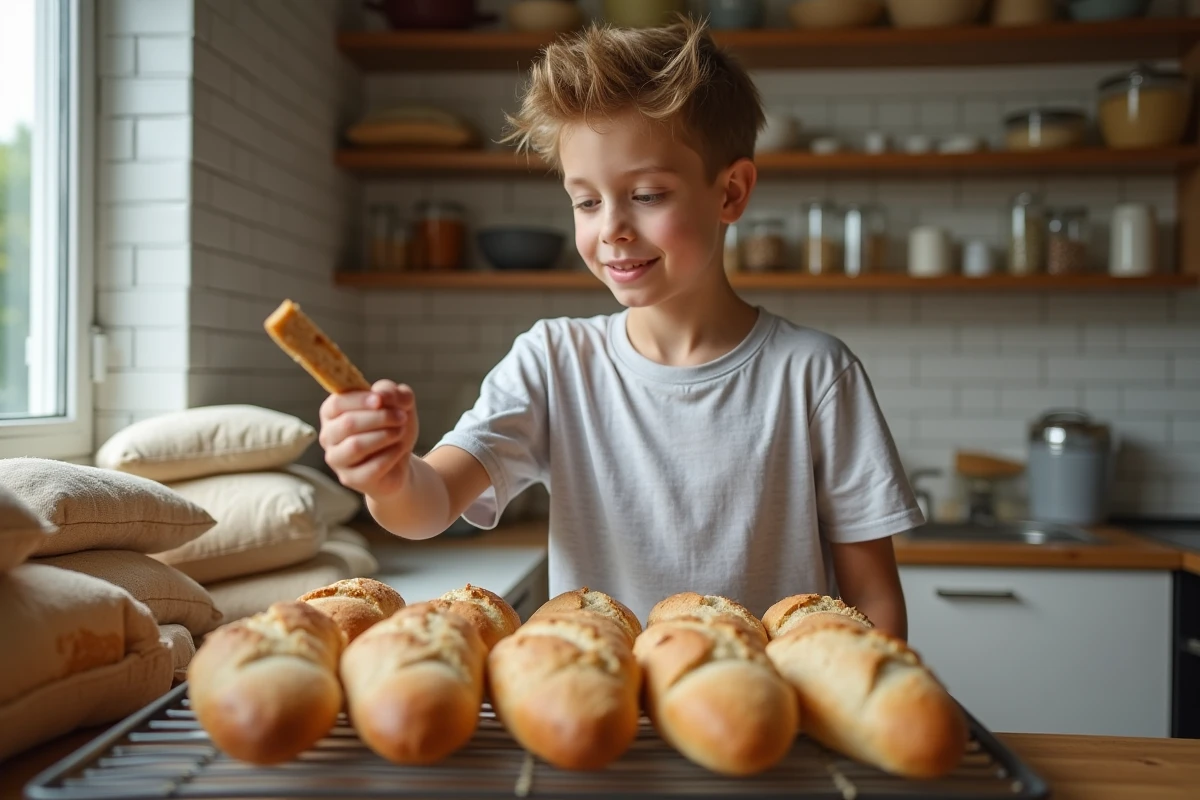 Adolescent attrape une tranche de pain dans une boulangerie lumineuse