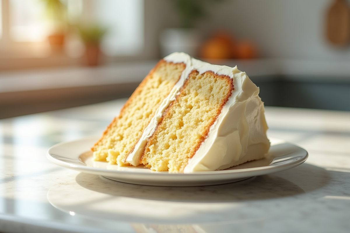 Gâteau crème luxueux fraîchement tranché sur plan de travail