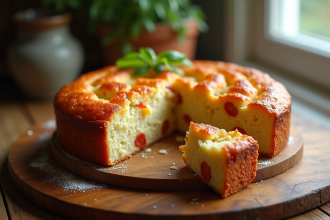 Gâteau salé au chorizo et feta tranché sur planche en bois