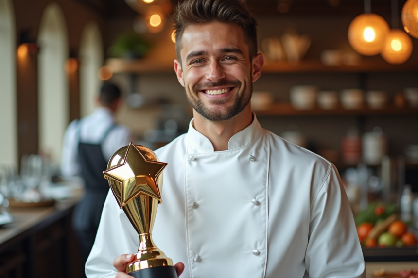 Jeune chef célébrant ses trois étoiles Michelin avec fierté