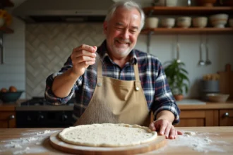 Pâte à pizza glissante sur une pelle en bois avec semoule de blé dur