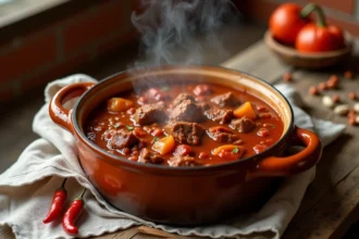 Goulash hongrois en cocotte rustique avec morceaux de bœuf et sauce au paprika sur table en bois