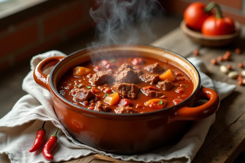 Goulash hongrois en cocotte rustique avec morceaux de bœuf et sauce au paprika sur table en bois