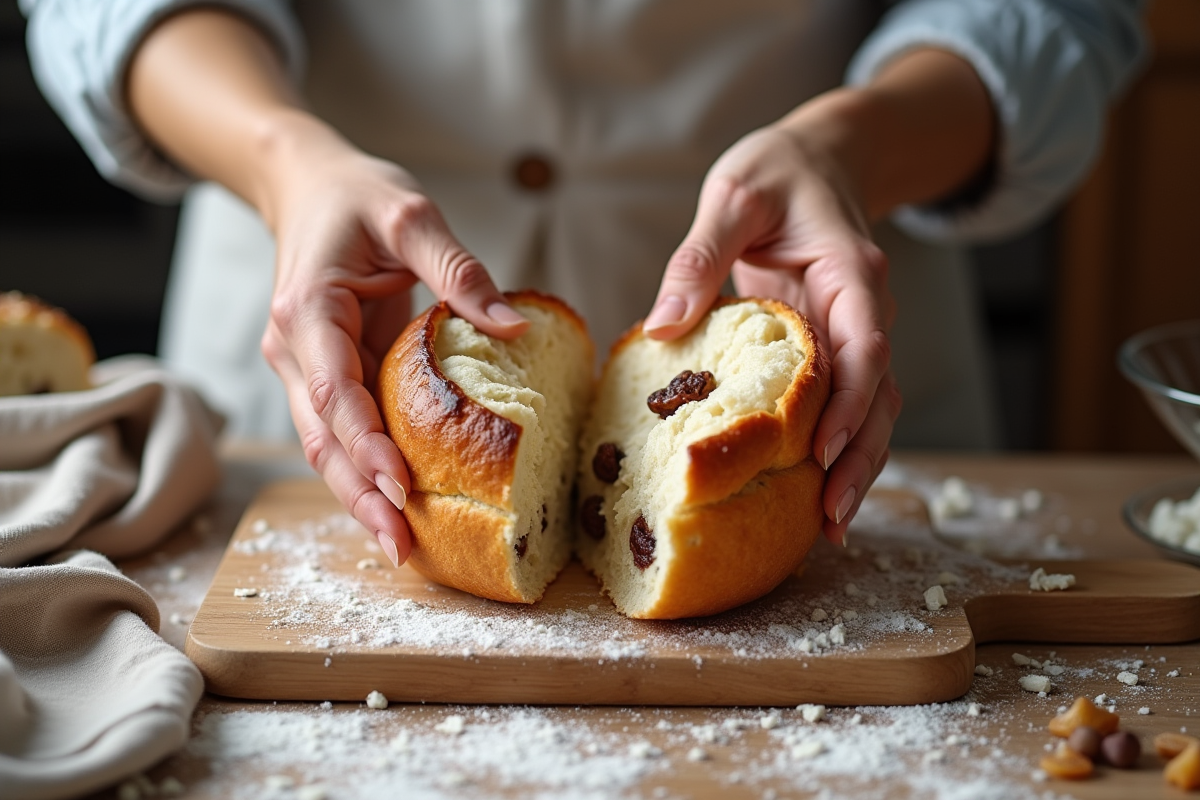 Mains de grand-mere cassant un pain aux raisins