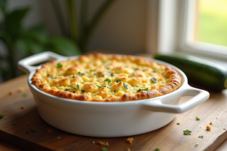 Gratin de courgette et chèvre frais dans un plat en céramique