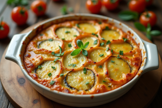 Gratin de courgettes et pommes de terre doré sortant du four
