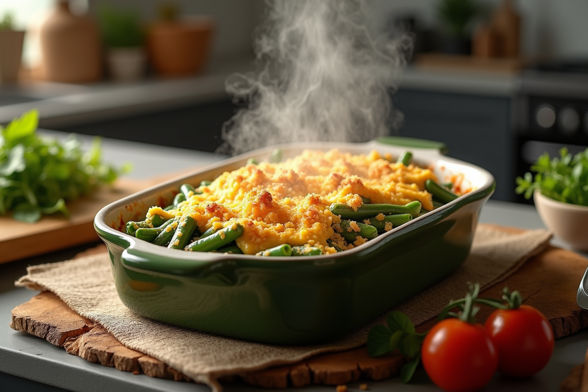 Gratin de fèves avec fromage fondu sur le comptoir moderne