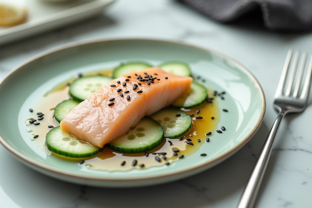 Gros plan sur un filet de julienne vapeur effiloché sur assiette céramique vert sauge avec concombre et graines de sésame, style épuré minceur