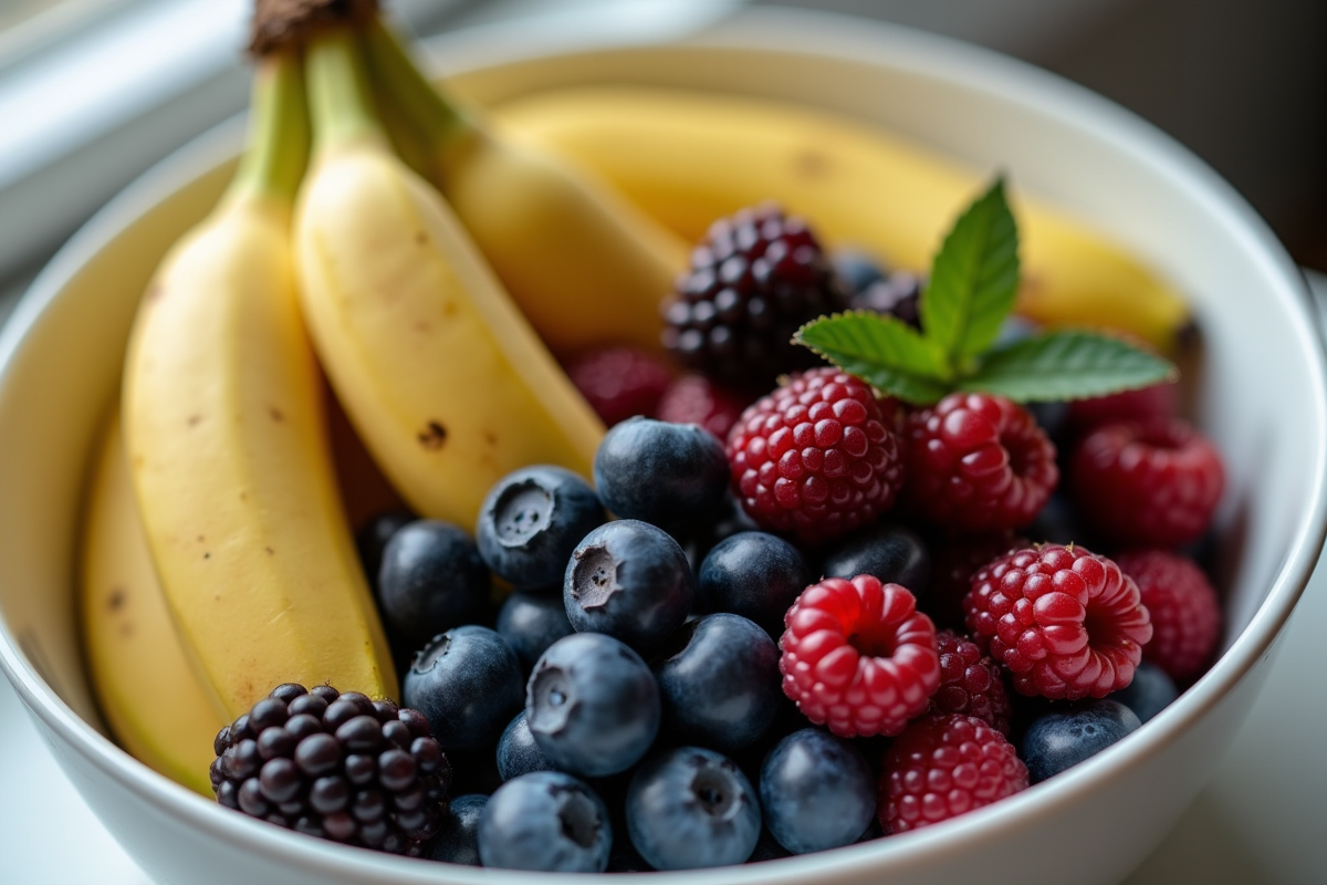 Gros plan sur fruits melanges dans un bol en lumière douce