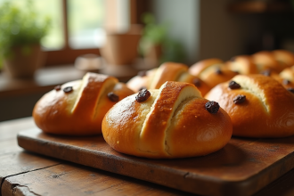 Pain aux raisins doré sur table en matinée