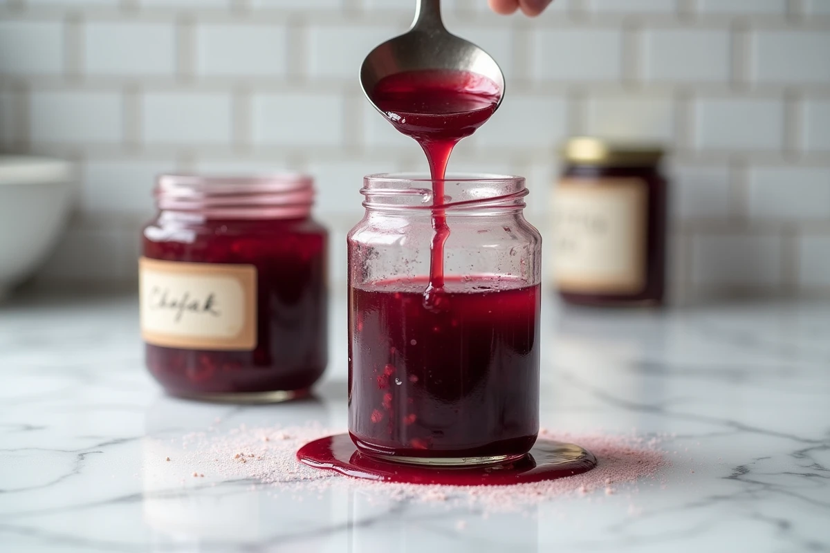 Gros plan sur le remplissage d'un bocal en verre avec de la confiture de prunes maison dorée et brillante